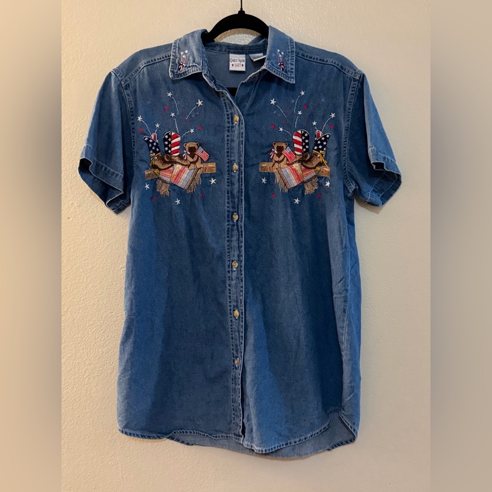 Vintage Quizz Again Patriotic Embroidered Denim Shirt S